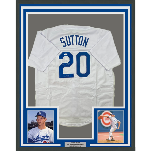 Framed Autographed/Signed Don Sutton HOF 98 35x39 Los Angeles LA White Baseball Jersey JSA COA