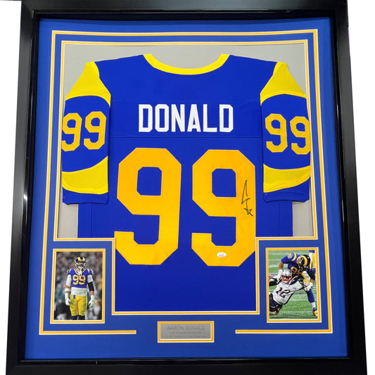Framed Autographed/Signed Aaron Donald 35x39 Los Angeles LA Retro Football Jersey JSA COA