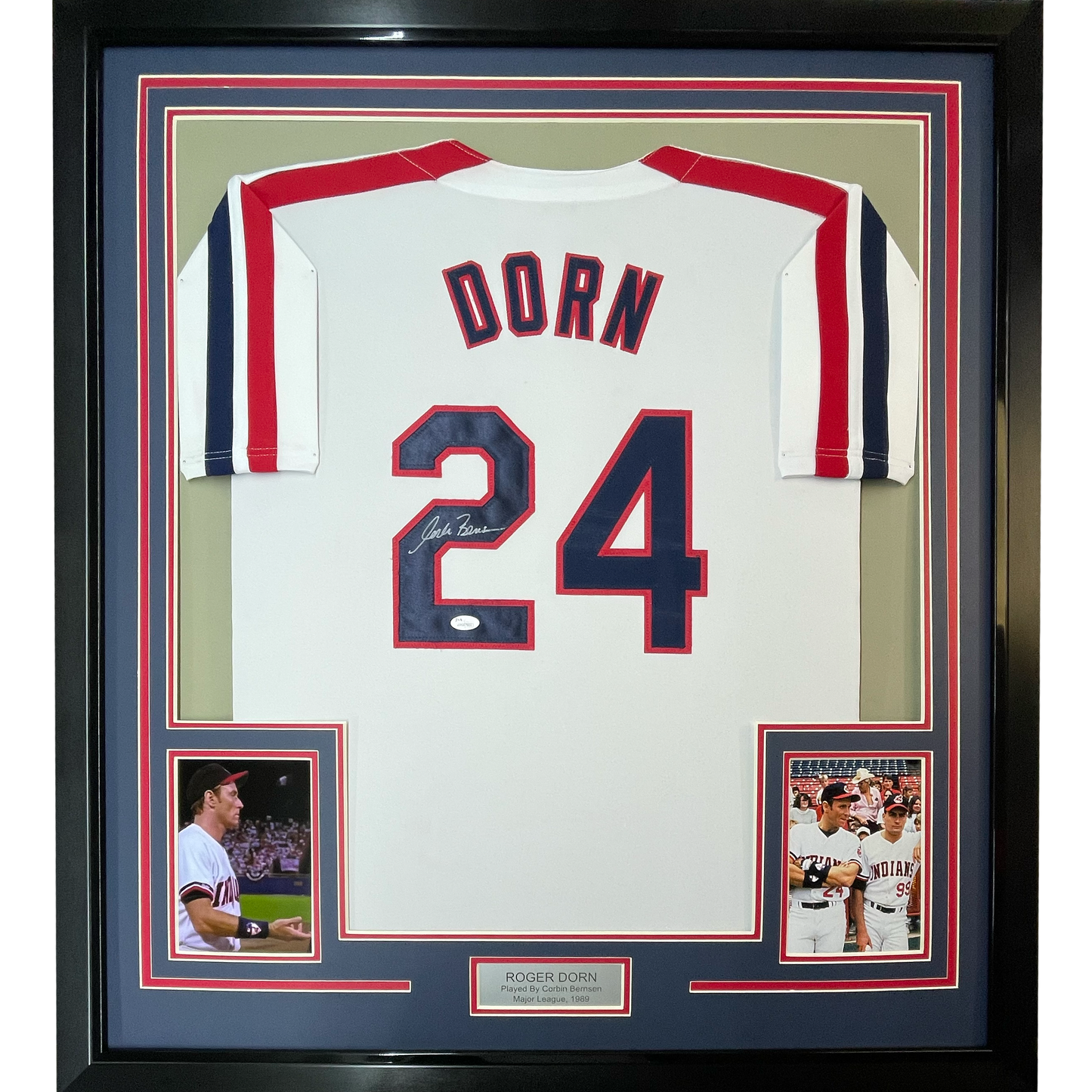 Framed Autographed/Signed Corbin Bernsen Roger Dorn 35x39 Major League Cleveland Baseball Jersey JSA COA