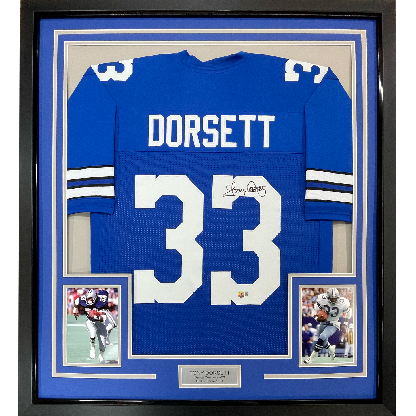 Framed Autographed/Signed Tony Dorsett 35x39 Dallas Retro Blue Football Jersey JSA COA