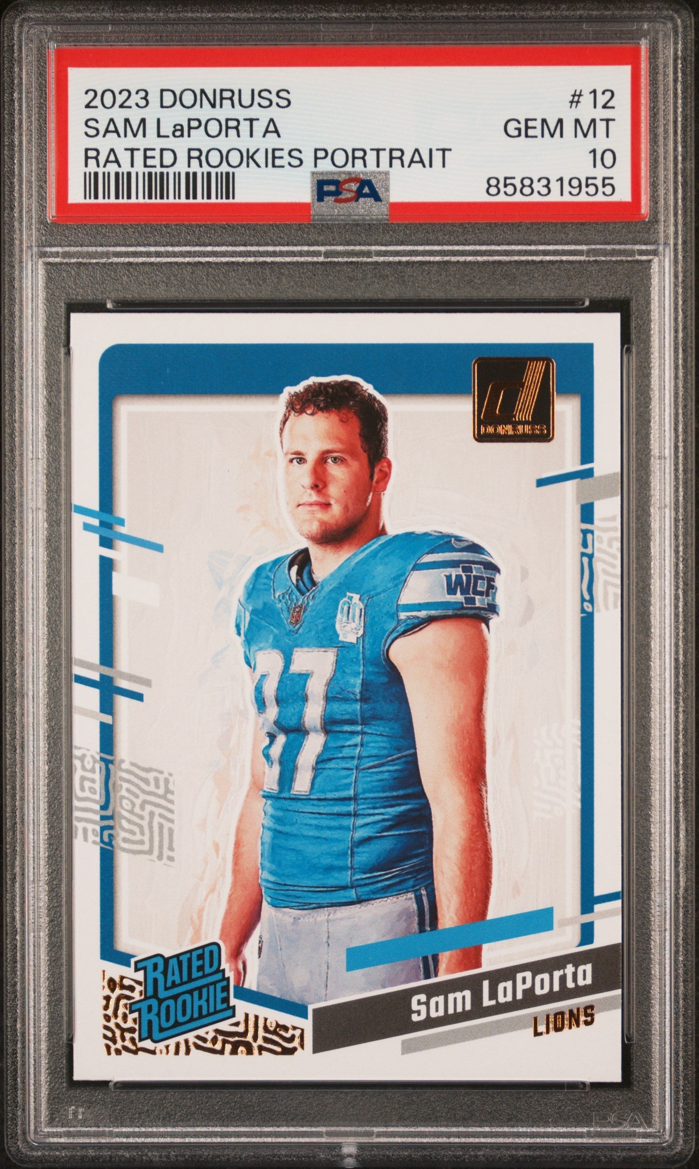 Graded 2023 Panini Donruss Sam LaPorta #12 Rated Rookies Portrait Rookie RC Football Card PSA 10 Gem Mint