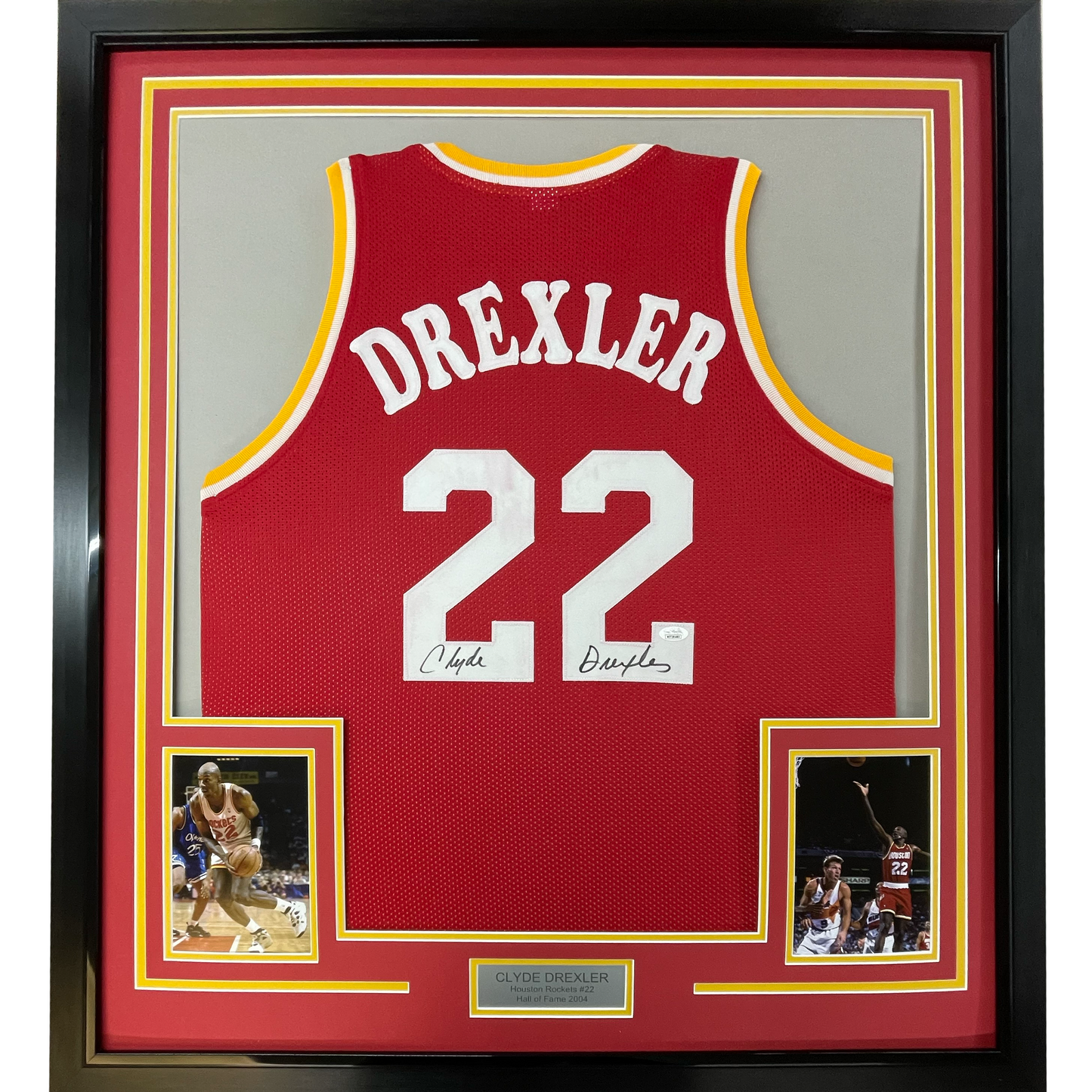 Framed Autographed/Signed Clyde Drexler 35x39 Houston Red Basketball Jersey Beckett BAS COA