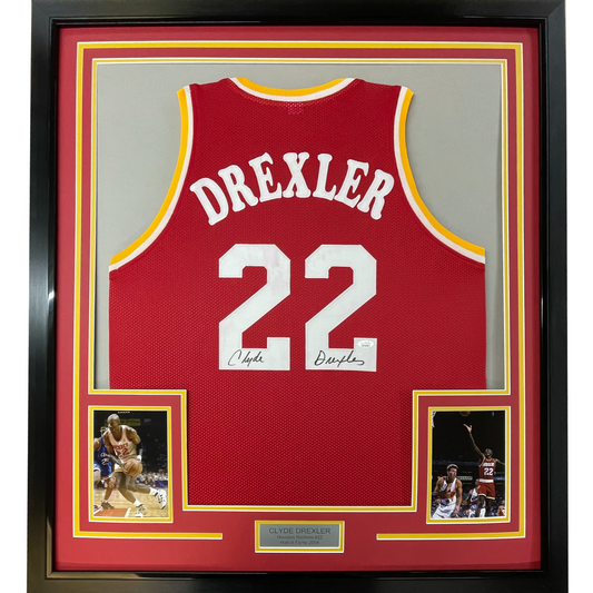 Framed Autographed/Signed Clyde Drexler 35x39 Houston Red Basketball Jersey Beckett BAS COA