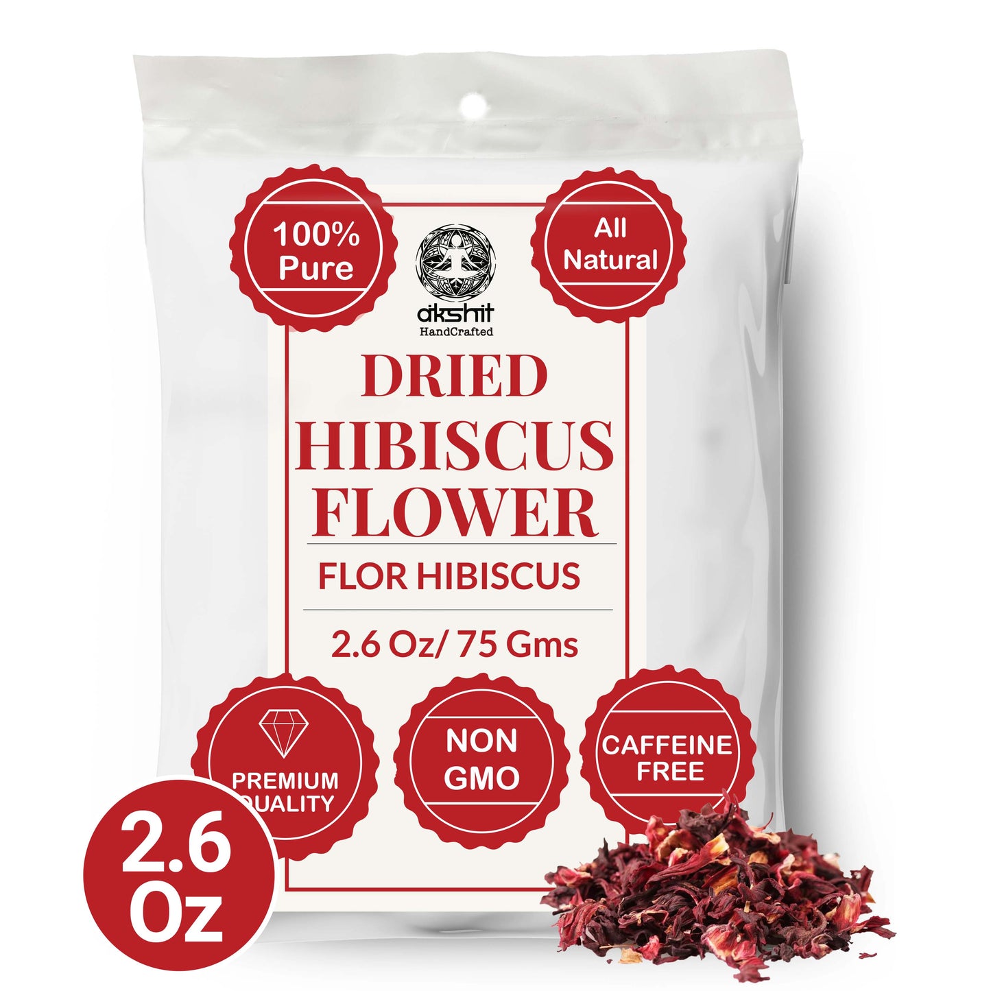 Akshit Hibiscus flowers 2.6 oz  Herbal Tea | Flor de Jamaica tea | Dried Hibiscus | Loose Leaf Tea | Caffeine-Free | Vegan Friendly | Fleurs d'hibiscus bio Akshit