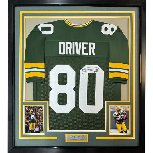 Framed Autographed/Signed Donald Driver 35x39 Green Bay Green Football Jersey JSA COA