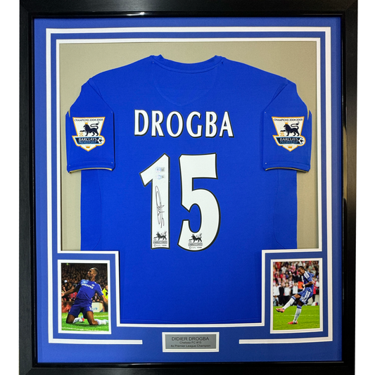 Framed Autographed/Signed Didier Drogba #15 35x39 Chelsea FC Blue Soccer Futbol Jersey Beckett BAS COA