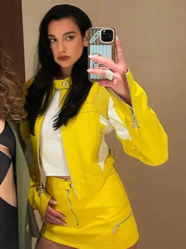 Dua Lipa Spongebob Yellow Leather Jacket