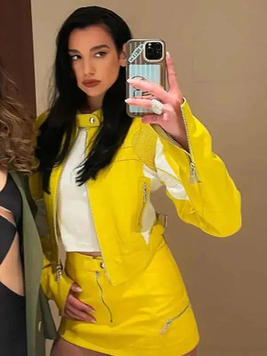 Dua Lipa Spongebob Yellow Leather Jacket