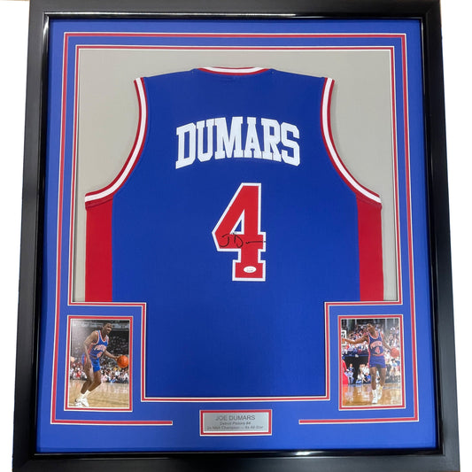 Framed Autographed/Signed Joe Dumars 35x39 Detroit Blue Basketball Jersey JSA COA