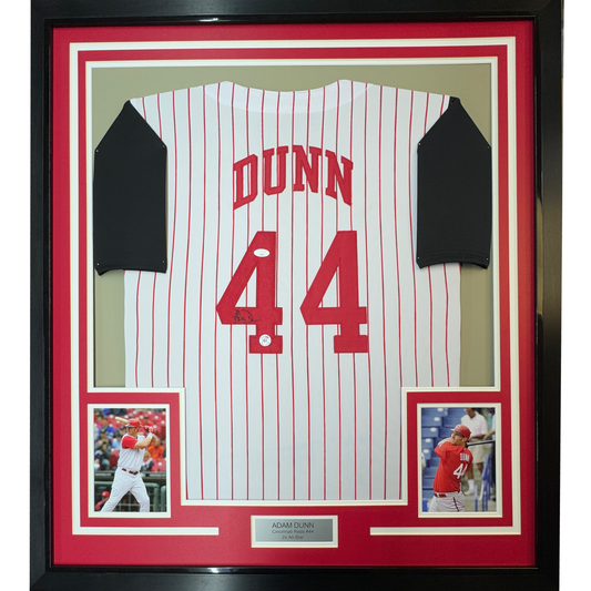 Framed Autographed/Signed Adam Dunn 35x39 Cincinnati Pinstripe Baseball Jersey JSA COA