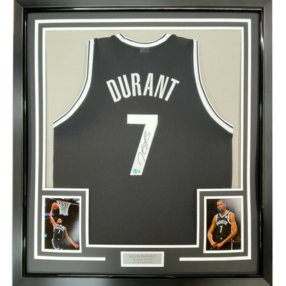 Framed Autographed/Signed Kevin Durant 35x39 Brooklyn Black Basketball Jersey Beckett BAS COA