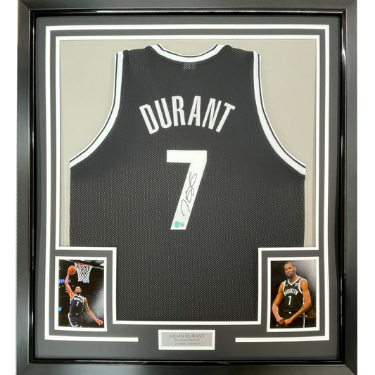 Framed Autographed/Signed Kevin Durant 35x39 Brooklyn Black Basketball Jersey Beckett BAS COA