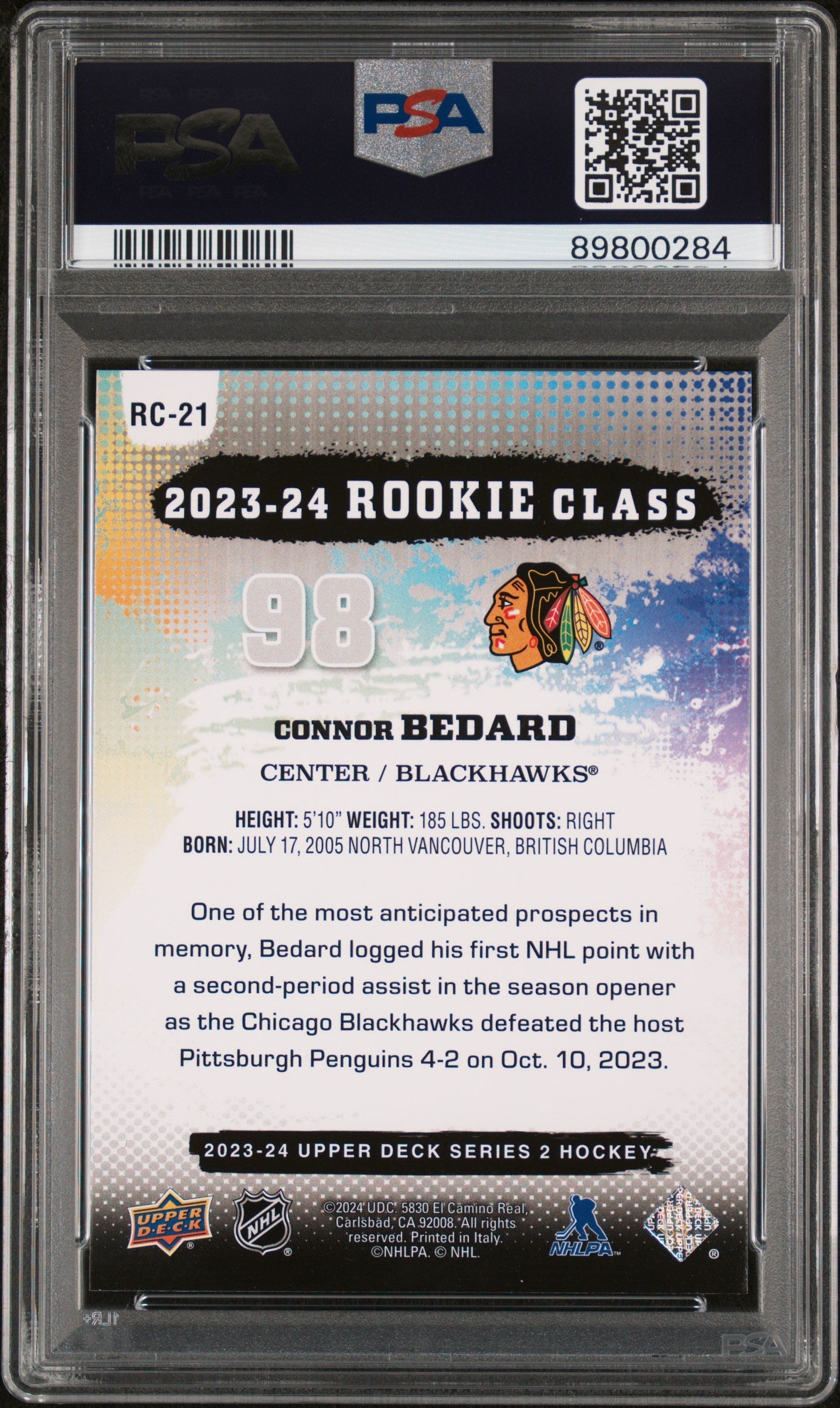 Graded 2023 Upper Deck Connor Bedard #RC21 Rookie Commemorative Class Rookie RC Hockey Card PSA 10 Gem Mint