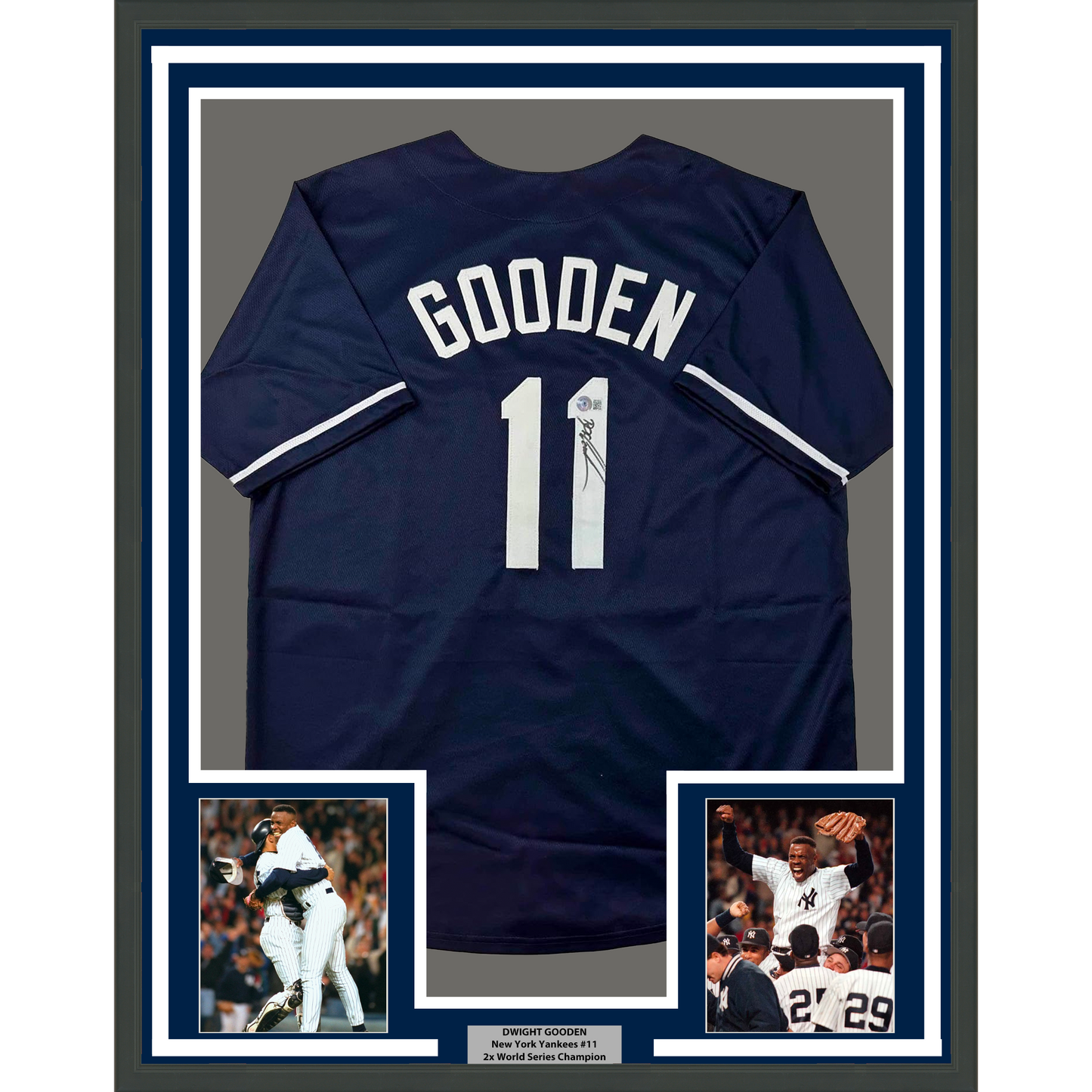 Framed Autographed/Signed Dwight Doc Gooden 35x39 New York Blue Baseball Jersey Beckett BAS COA