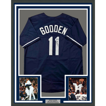 Framed Autographed/Signed Dwight Doc Gooden 35x39 New York Blue Baseball Jersey Beckett BAS COA