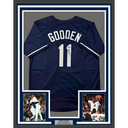 Framed Autographed/Signed Dwight Doc Gooden 35x39 New York Blue Baseball Jersey Beckett BAS COA