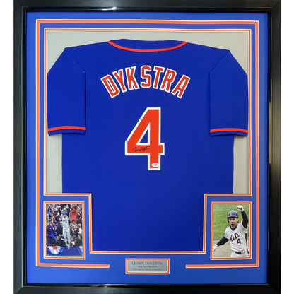 Framed Autographed/Signed Lenny Dykstra 35x39 New York Blue Baseball Jersey JSA COA