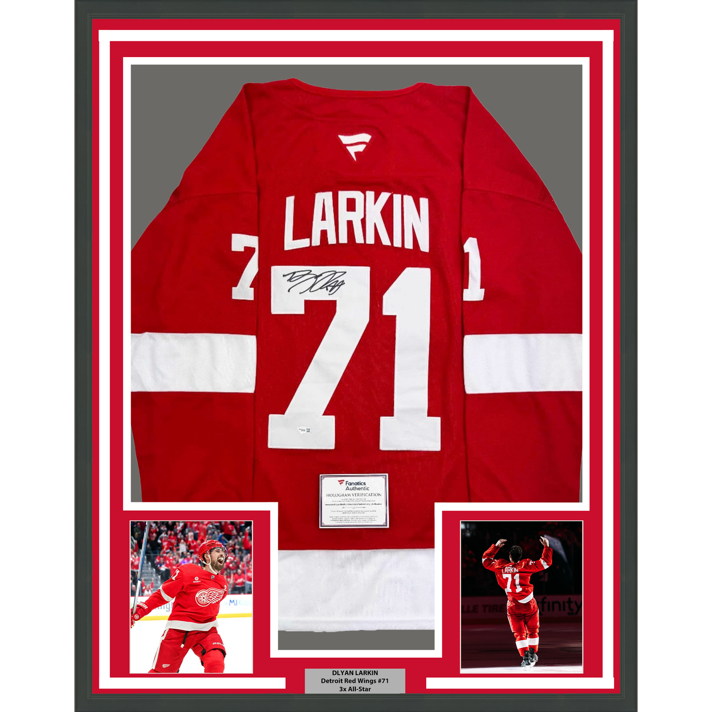 Framed Autographed/Signed Dylan Larkin 35x39 Detroit Red Wings Hockey Jersey Fanatics COA