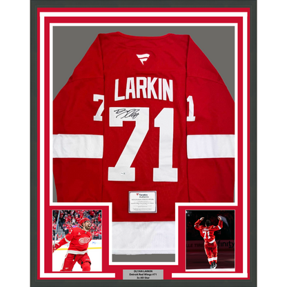 Framed Autographed/Signed Dylan Larkin 35x39 Detroit Red Wings Hockey Jersey Fanatics COA