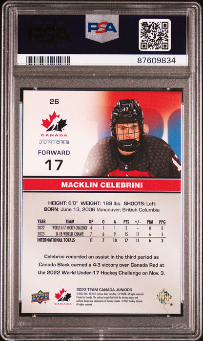 Graded 2023 Upper Deck Team Canada Juniors Macklin Celebrini #26 Red Foil Rookie RC Hockey Card PSA 10 Gem Mint