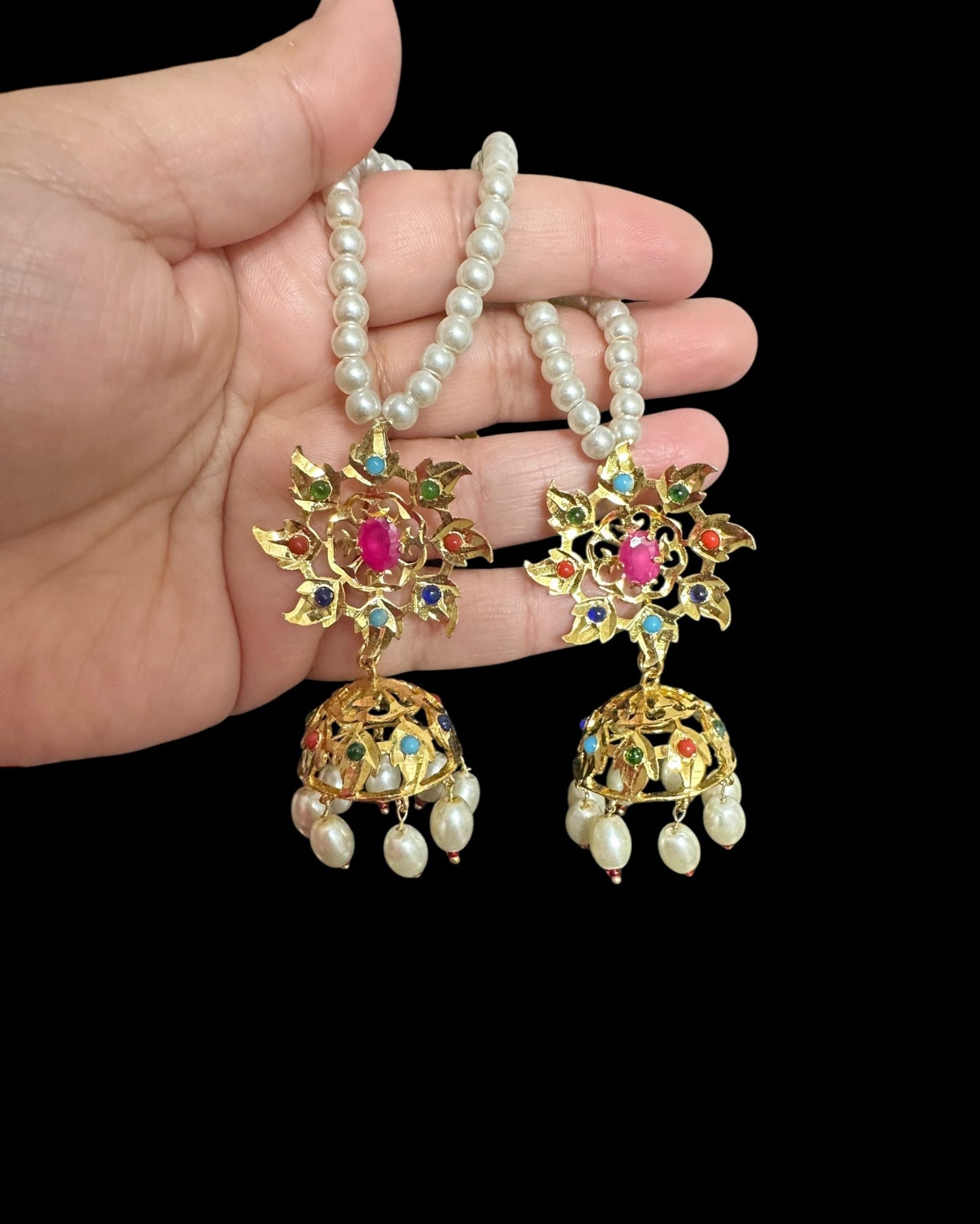 DER758  navratan gold plated Karanphool jhumka ( pearls ) ( READY TO SHIP )