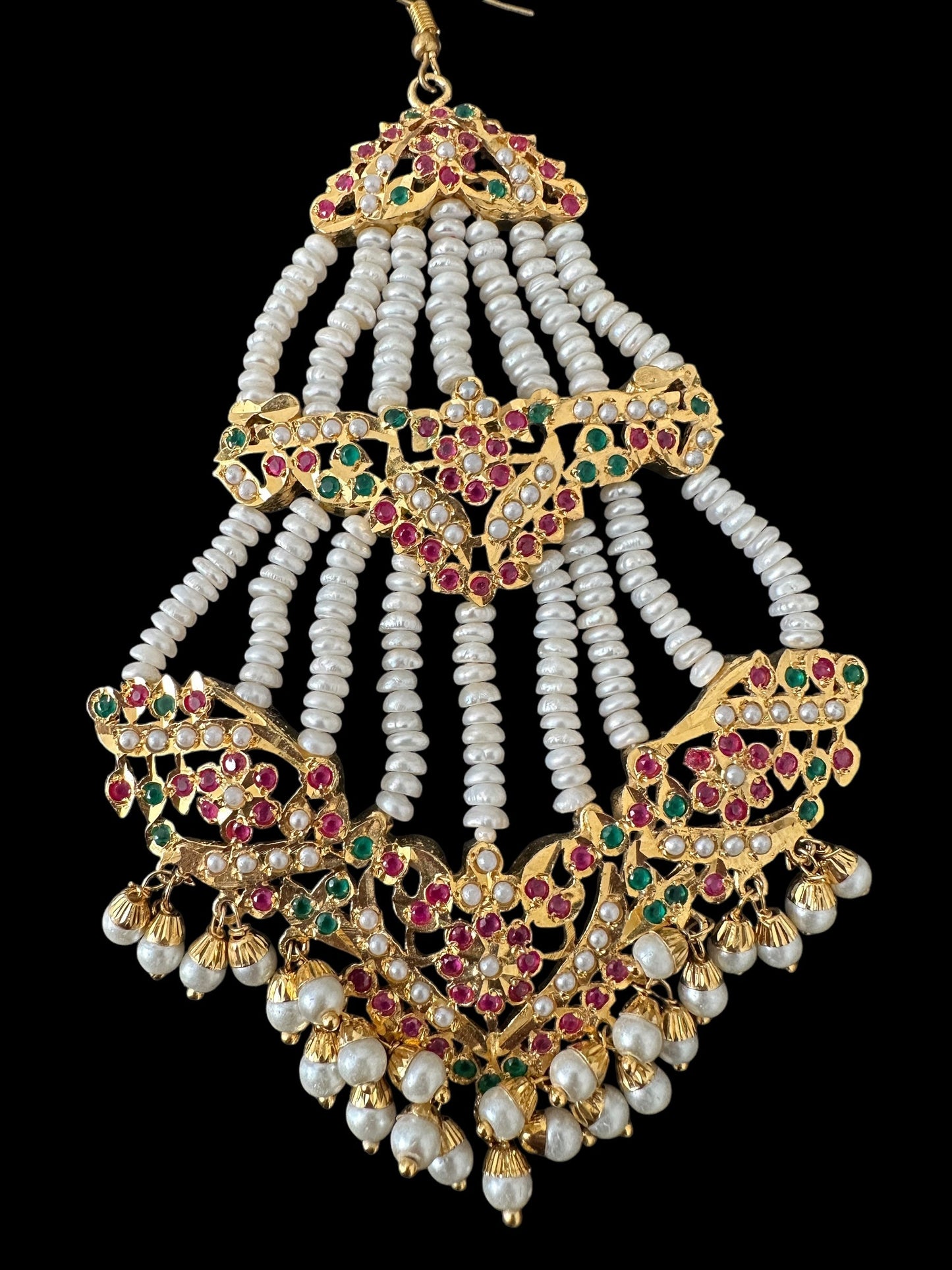 DJHR150 ASMITA jadau jhoomar in ruby emerald with fresh water pearls ( SHIPS IN 3 WEEKS  )