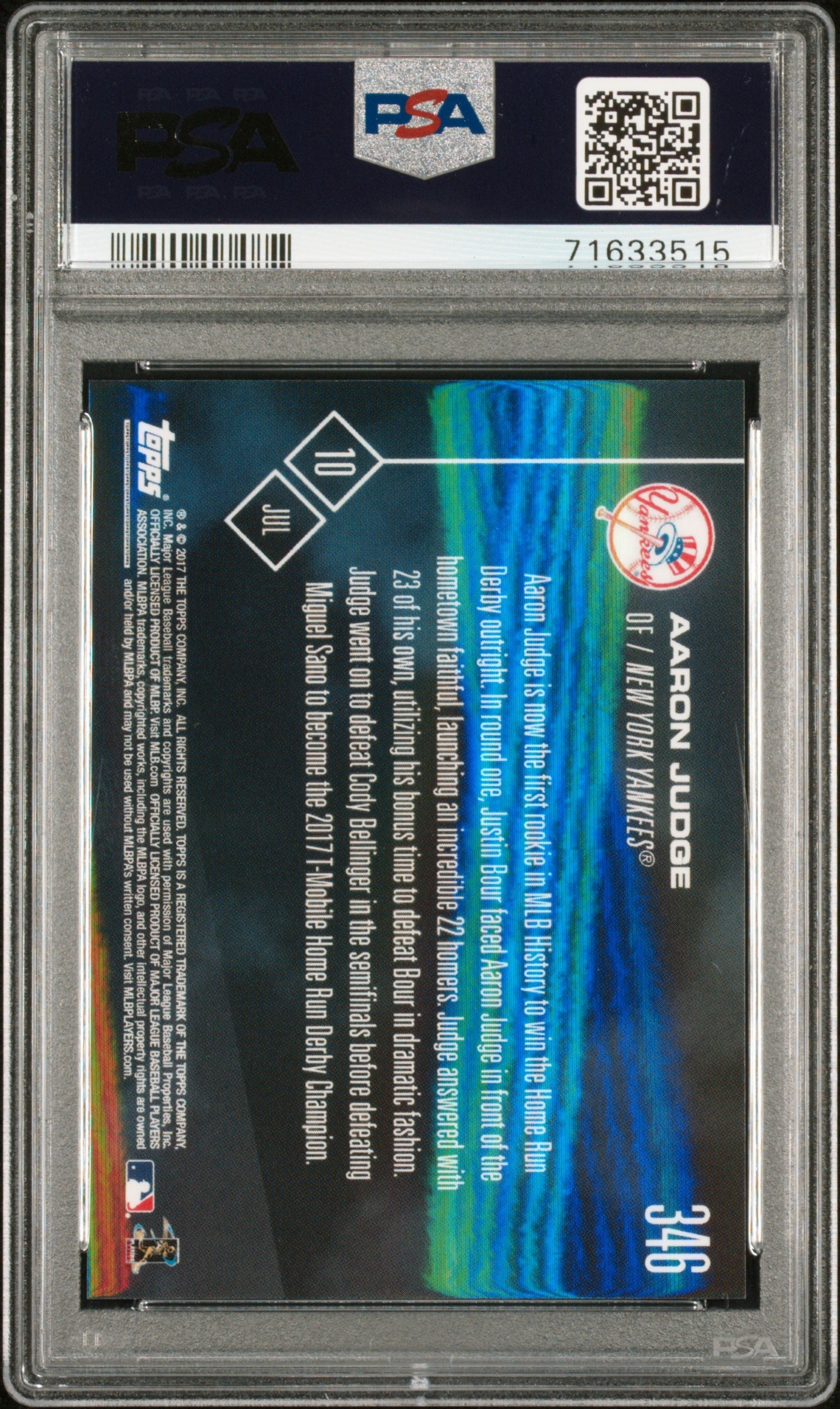 Graded 2017 Topps Now Aaron Judge #346 Home Run Derby Rookie RC Baseball Card PSA 10 Gem Mint