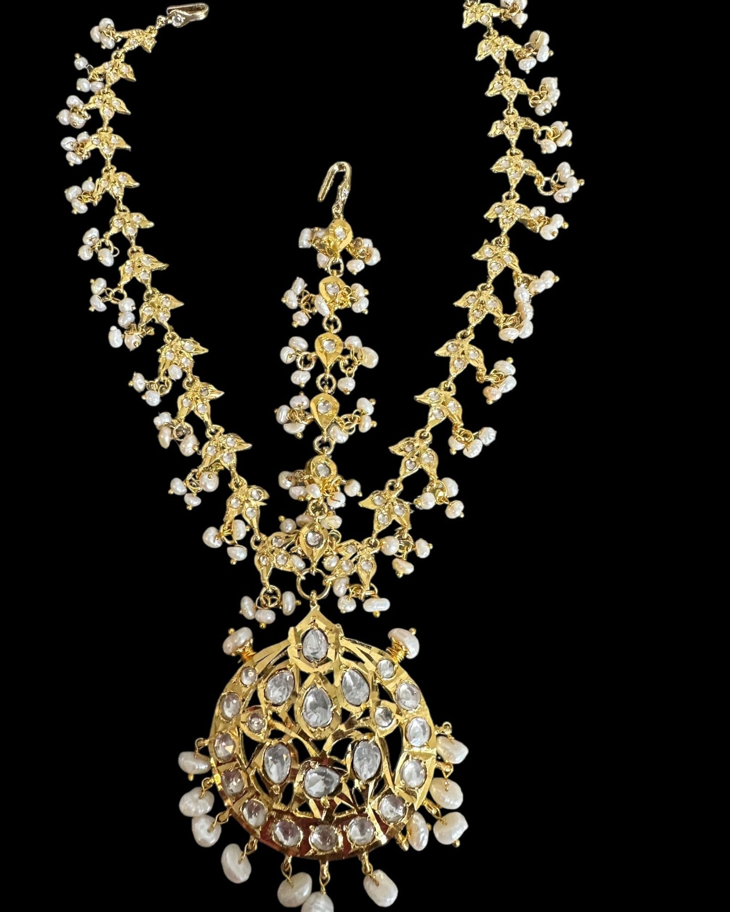 DJTK357 Neelofar moissanite Polki mathapatti with fresh water pearls ( READY TO SHIP)