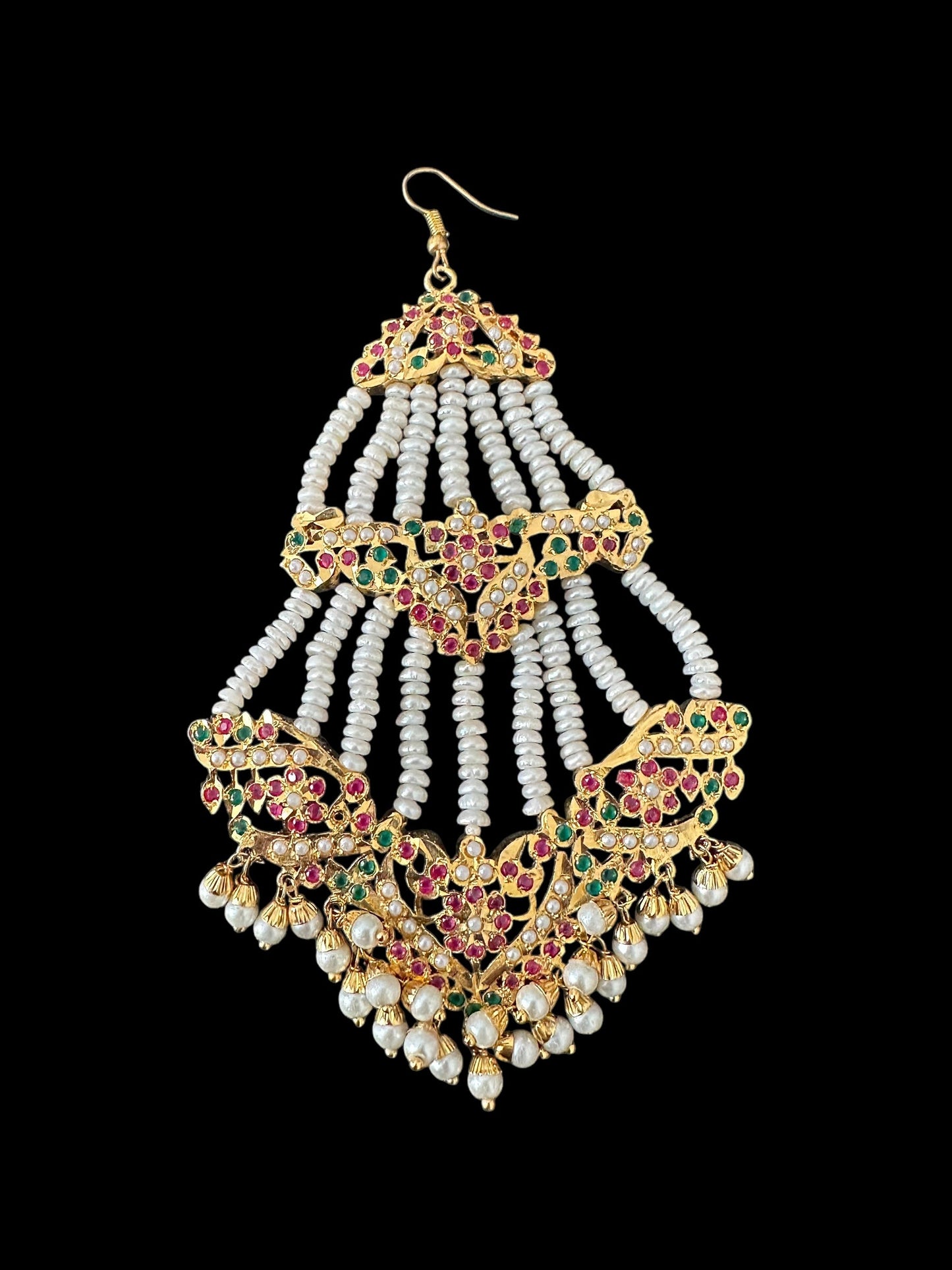 DJHR150 ASMITA jadau jhoomar in ruby emerald with fresh water pearls ( SHIPS IN 3 WEEKS  )