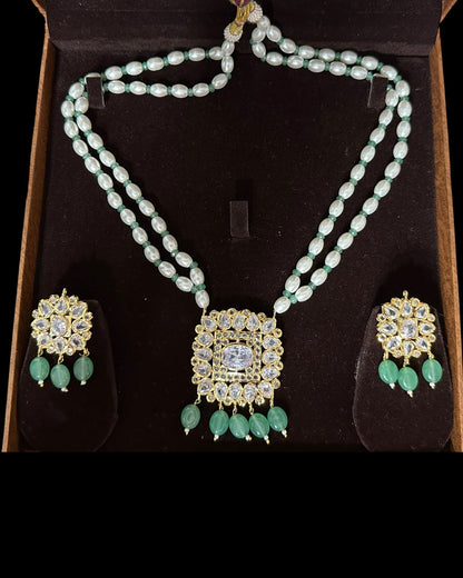 PS561 Hyderabadi pendant set with high quality zircon stones and light green beads ( SHIPS IN 2 WEEKS )