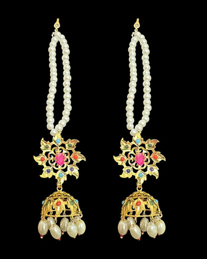 DER758  navratan gold plated Karanphool jhumka ( pearls ) ( READY TO SHIP )