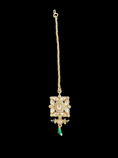 Kaheesha Polki jhumka and tika set in green ( READY TO SHIP )