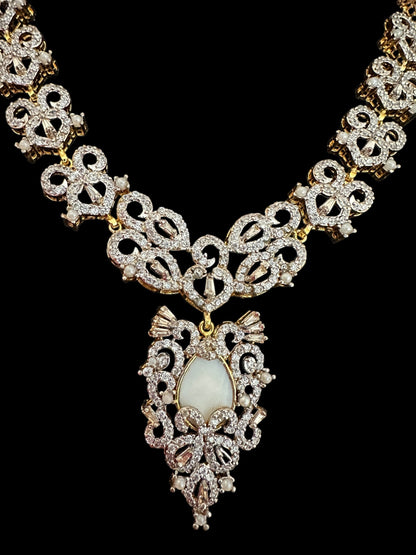 DNS158  Cz necklace with earrings in mother of pearl , gold plated ( READY TO SHIP )