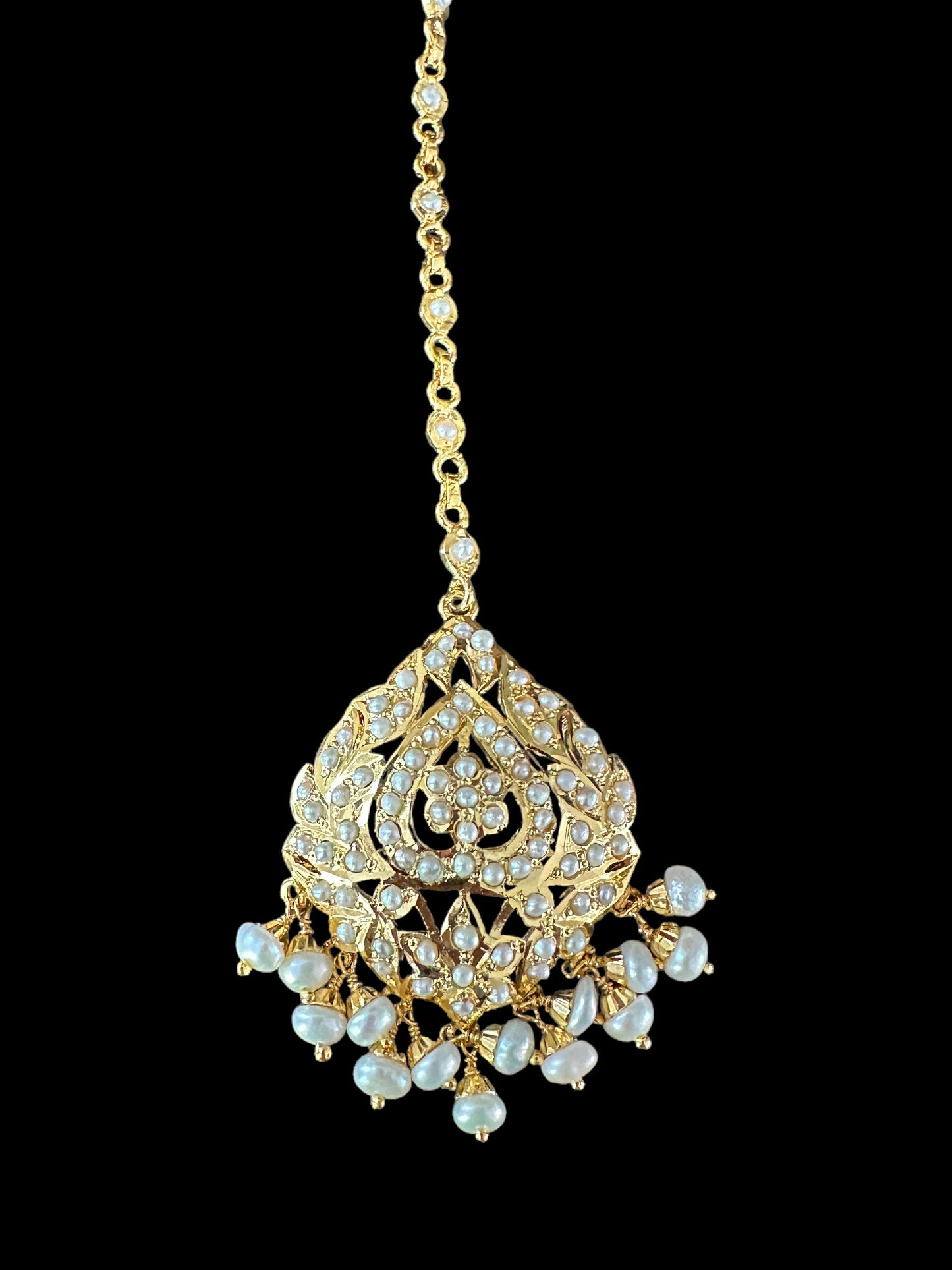 Gold plated silver tikka in fresh water pearls ( SHIPS IN 5 WEEKS )