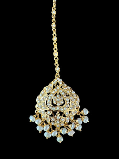 Gold plated silver tikka in fresh water pearls ( SHIPS IN 5 WEEKS )