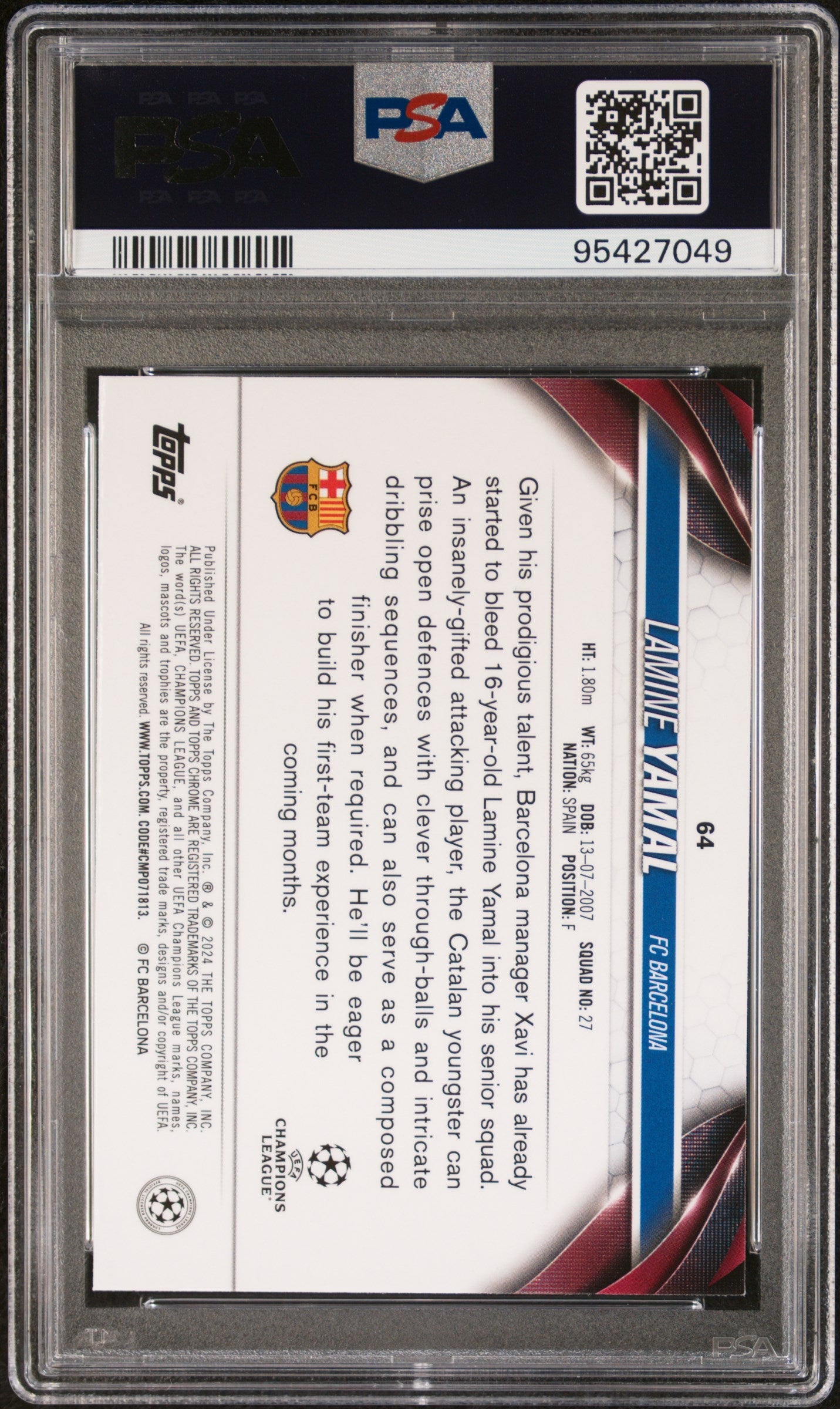 Graded 2023 Topps Chrome UCC Lamine Yamal #64 Rookie RC Soccer Card PSA 10 Gem Mint