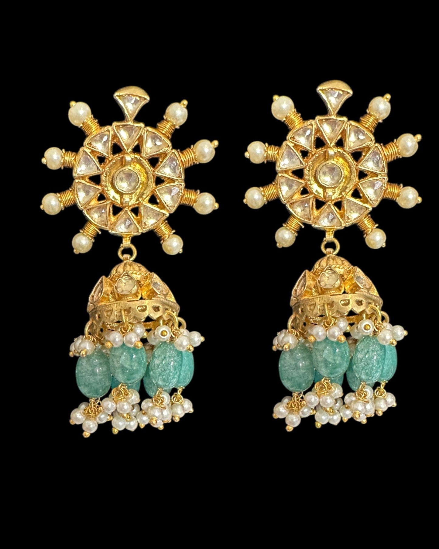 DER812 Pachi kundan jhumka with green beads  (READY TO SHIP )