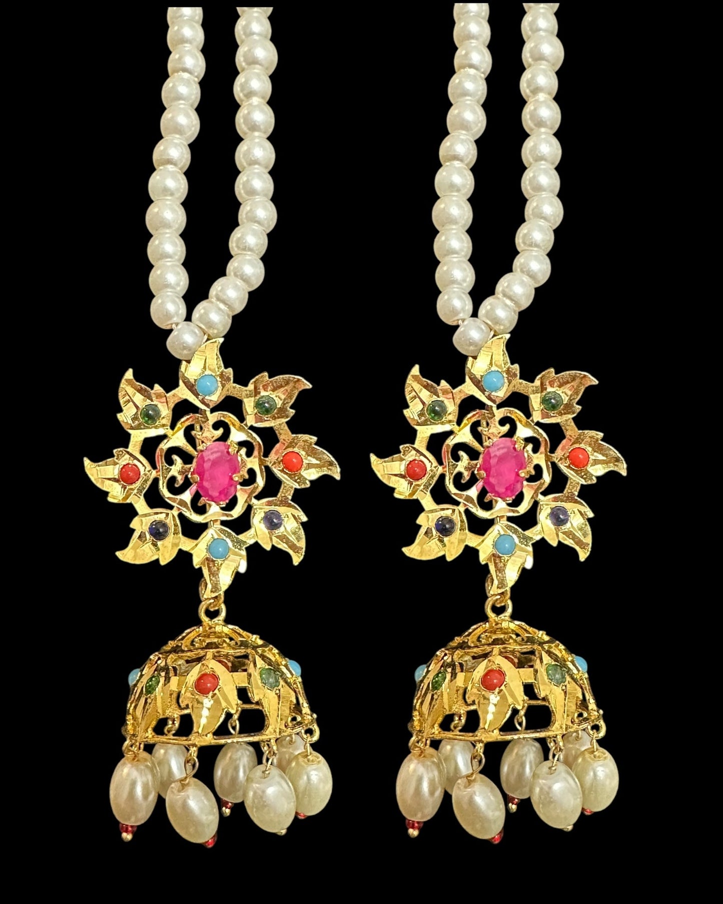 DER758  navratan gold plated Karanphool jhumka ( pearls ) ( READY TO SHIP )