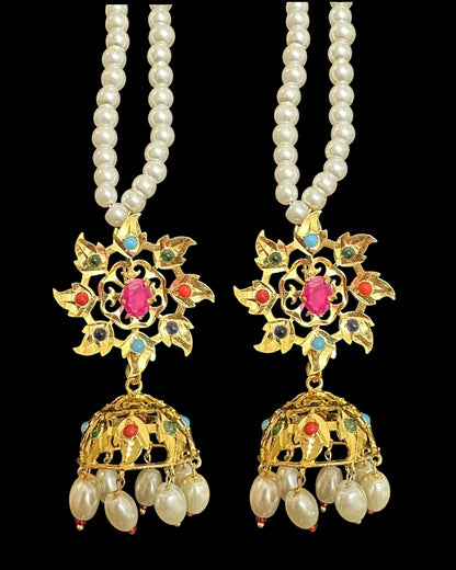 DER758  navratan gold plated Karanphool jhumka ( pearls ) ( READY TO SHIP )