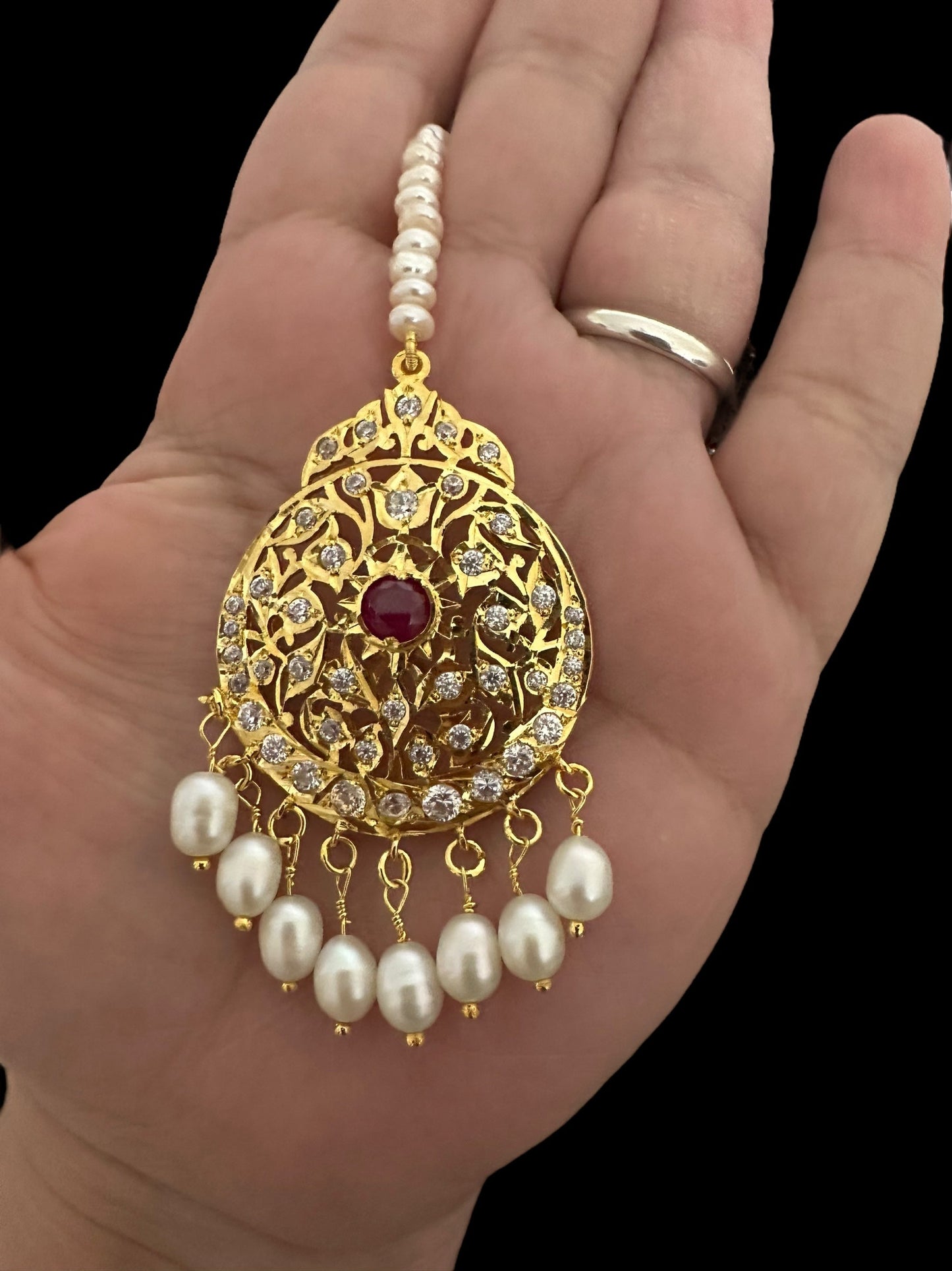 Ruby and zircon gold plated silver tika ( READY TO SHIP )