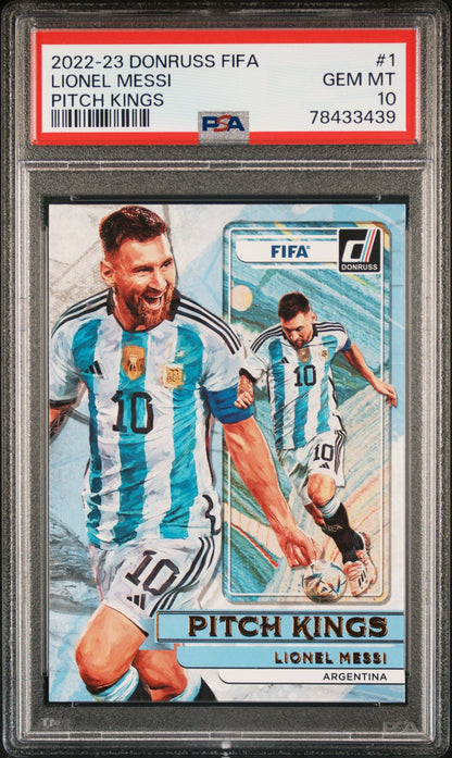 Graded 2022 Panini Donruss FIFA Lionel Messi #1 Pitch Kings Soccer Card PSA 10 Gem Mint