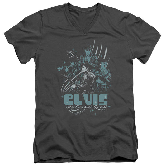 Elvis Presley 68 Leather Mens Slim Fit V-Neck T Shirt Charcoal Officially Licensed