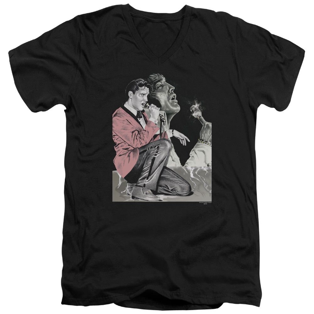 Elvis Presley Rock N Roll Smoke Mens Slim Fit V-Neck T Shirt Black Officially Licensed