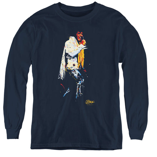 Elvis Presley Yellow Scarf Long Sleeve Kids Youth T Shirt Navy Blue Officially Licensed
