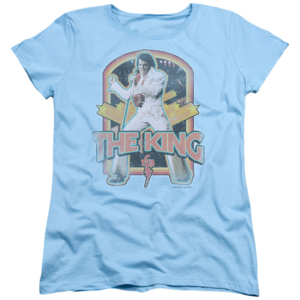 Elvis Presley Distressed King Womens T Shirt Light Blue Officially Licensed