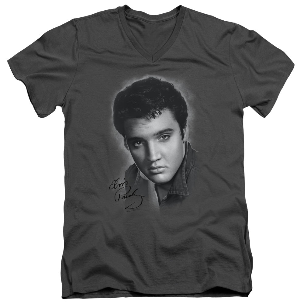 Elvis Presley Grey Portrait Mens Slim Fit V-Neck T Shirt Charcoal Officially Licensed