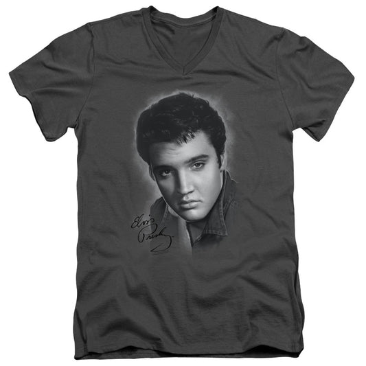 Elvis Presley Grey Portrait Mens Slim Fit V-Neck T Shirt Charcoal Officially Licensed
