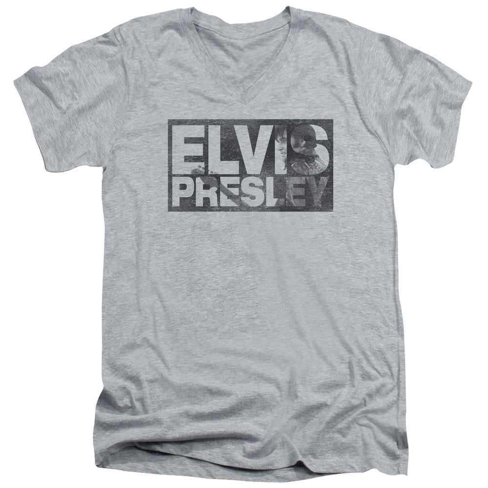 Elvis Presley Block Letters Mens Slim Fit V Neck T Shirt Athletic Heather Officially Licensed