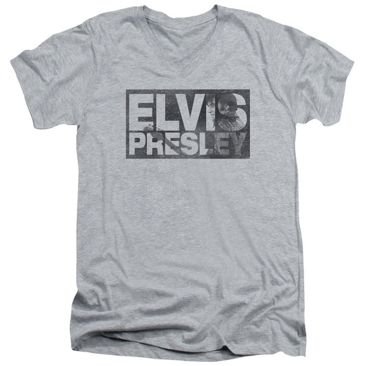 Elvis Presley Block Letters Mens Slim Fit V Neck T Shirt Athletic Heather Officially Licensed