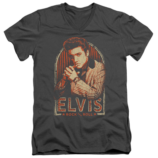 Elvis Presley Stripes Mens Slim Fit V Neck T Shirt Charcoal Officially Licensed